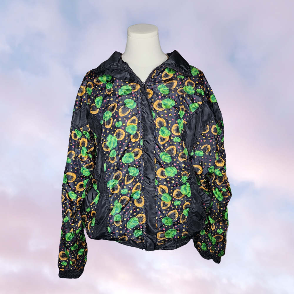 Vtg 80s Miramax Colorful Zip Up Windbreaker Floral Black Green Yellow Stars L - Picture 2 of 8